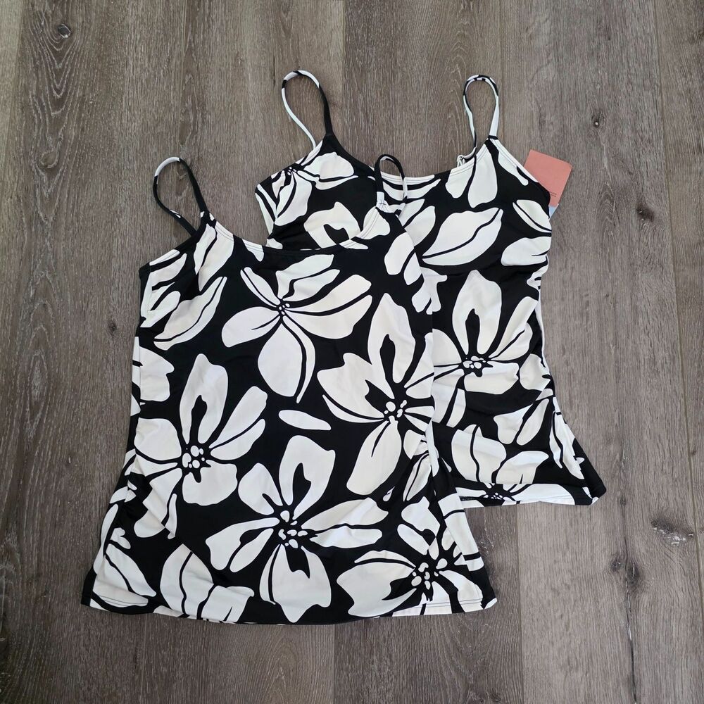 Lot of 2 Shade & Shore Women's XL 16 Black & White Tankini swim tops NWT